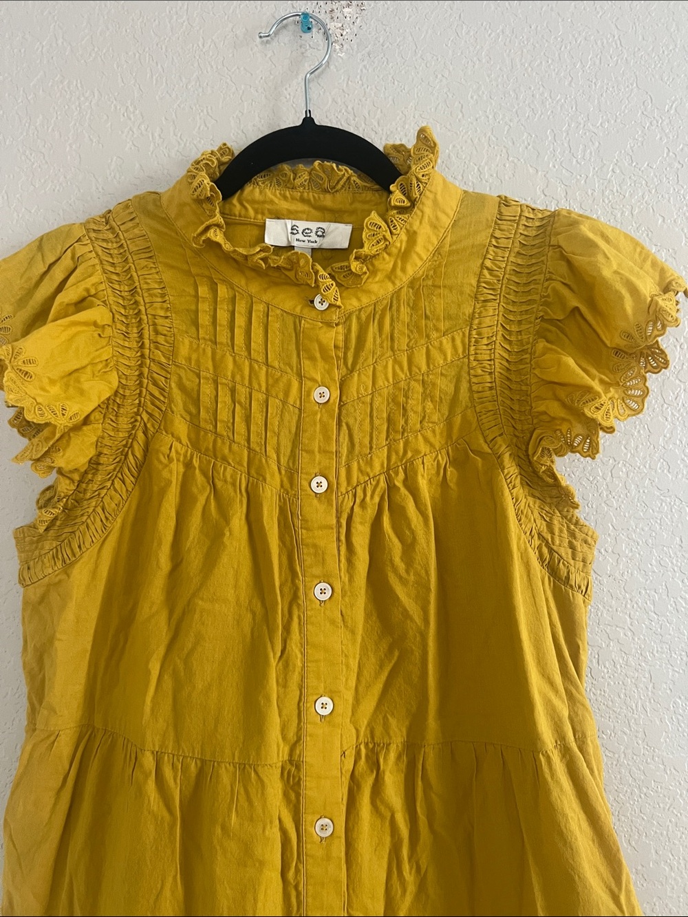 Sea New York Adrienne Tiered Cotton Dress In Yellow Mustard.Size M - Picture 7 of 13